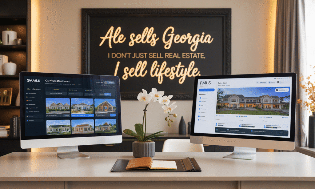 Computer desk workspace with dual monitors displaying luxury Georgia homes for sale — Ale Sells Georgia brand logo and slogan visible on screen.